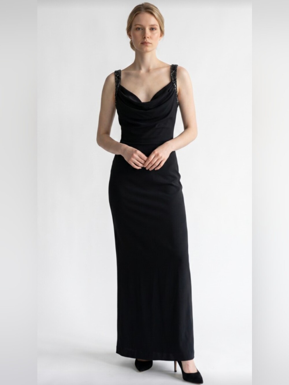 NWT! CALVIN KLEIN! GORGEOUS JEWELED/,BEADED STRAPS BLACK STRETCH KNIT GOWN! SZ 6